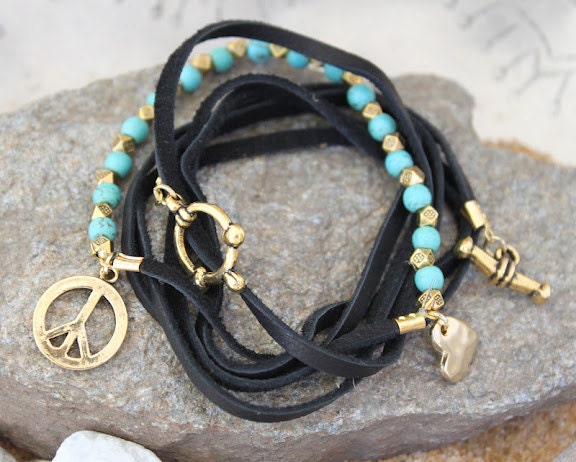 Peace and Love-beautiful bohemian chic Black Leather lace and gold charms wrap bracelet Free people Ethnic handmade versatile piece