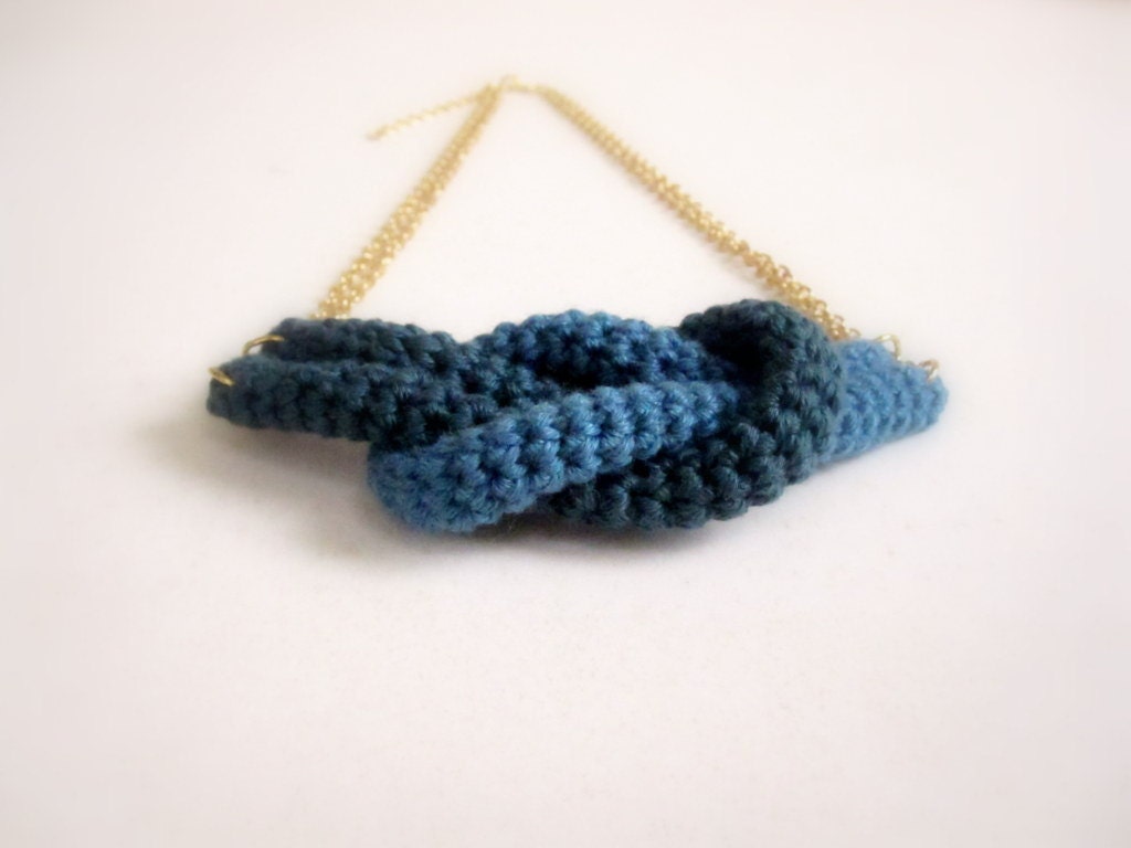 Together, crochet knot necklace. Nautical knot necklace. Cypress green and dusk blue cotton yarn.