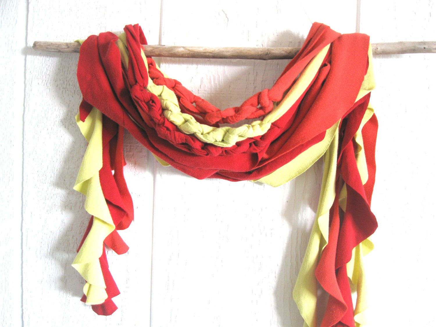 Eco Friendly. Upcycled T-Shirt. Spring. Fashion. Nature Inspired. Earth Day. Red. Yellow. Skinny Scarf Set. Mothers Day. Gift Idea.