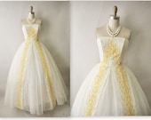 50's Wedding Dress // Vintage 1950's Embroidered White Chiffon Strapless Wedding Dress Gown XS