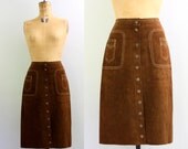 suede skirt / 1970s suede leather skirt / 70s brown midi skirt