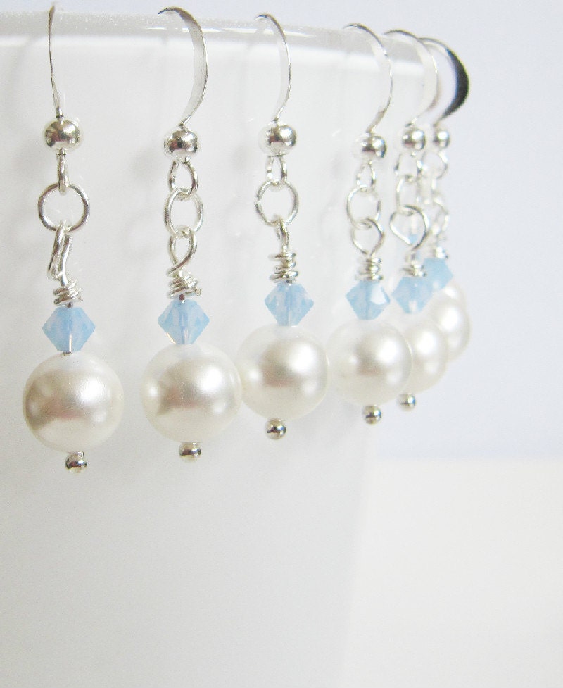 SET of 5 bridesmaid earrings, weddings, jewelry, Bridal Earrings, blue earrings, pearls, dangle, Drop Earrings