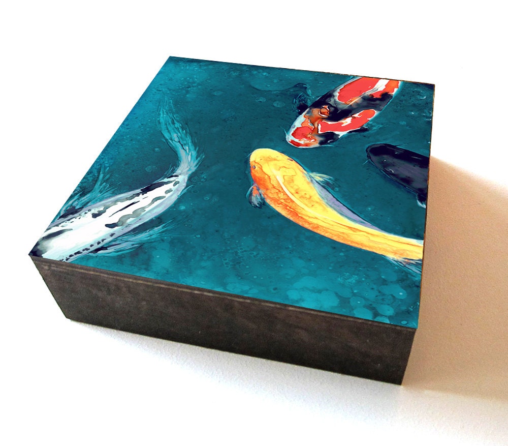 Wall Decor - Art Block - Water Ballet Koi Fish Painting Wood Block Print - 6x6 Wildlife Art Print - Home Decor Housewares