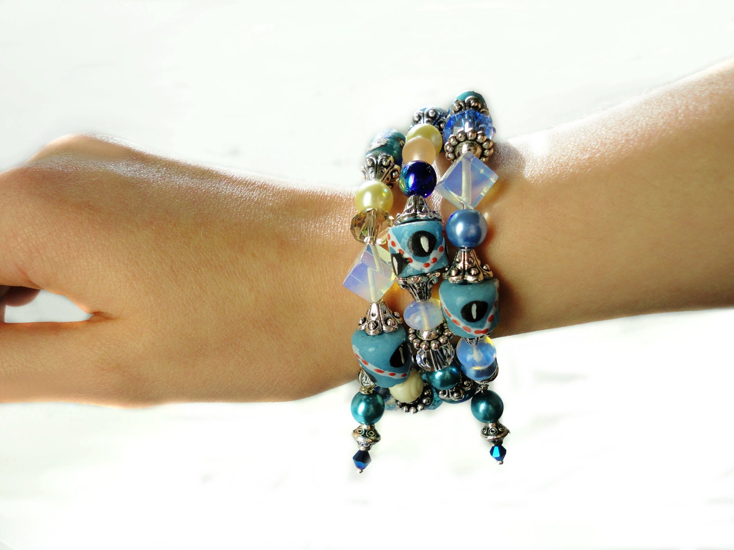 ICE TEAL TWISTER Bracelet- Featuring Handmade African Krobo Trade Beads, Moonstone and Silver
