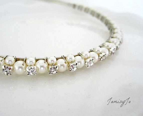 Swarovski Pearl Bridal Headband in White or Ivory---Morning Mist