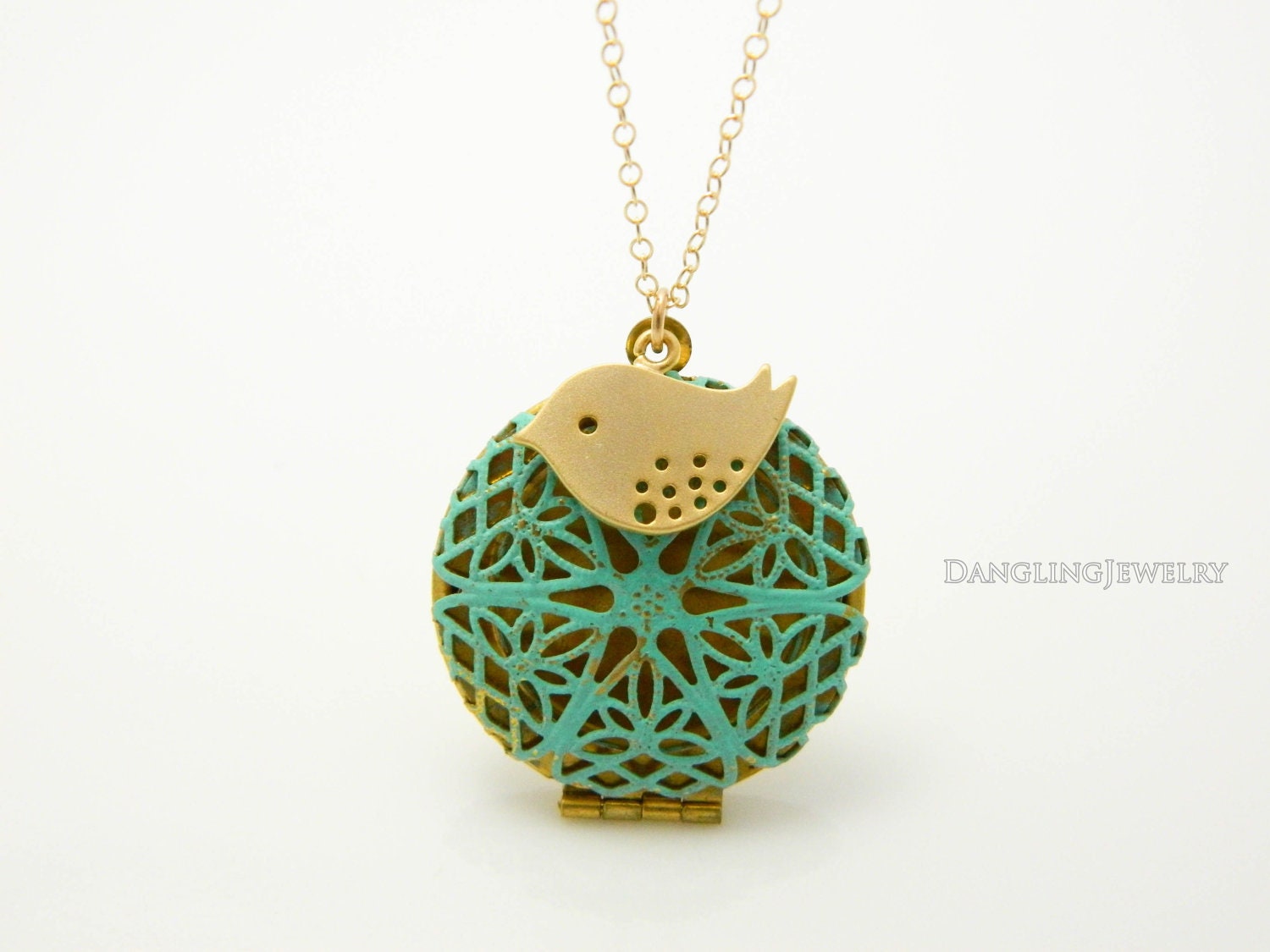 Gold Bird Necklace,  Antique Locket Necklace, Blue, Filigree, Gold Filled, Birthday Gift, Everyday, Mothers Necklace, Sparrow Bird Jewelry