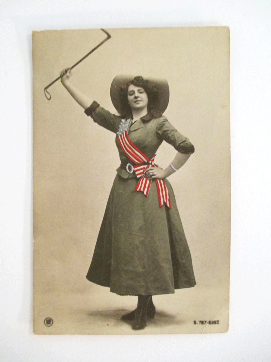 Antique Cowgirl American Flag Woman Postcard - 4th of July - Patriotic - RARE