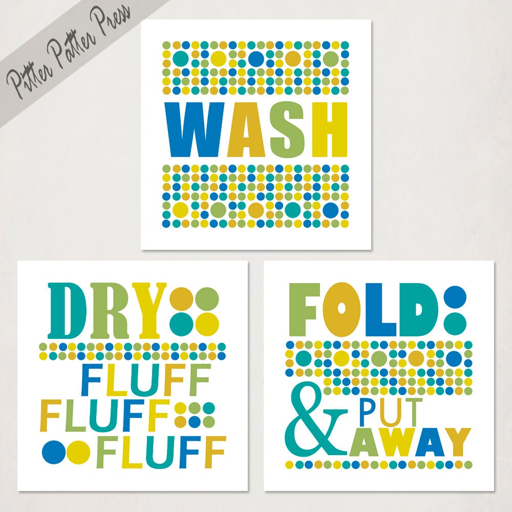Laundry Room Art Prints, Set of Three, Wash and Dry Clothes, green yellow and blue or pick custom colors, size 8X8