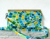 Crossbody wallet, fabric wallet, blue green and yellow bifold clutch wallet in frame