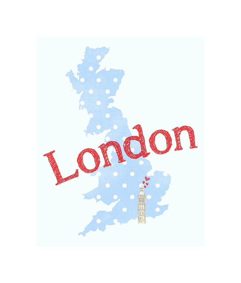 I Love London - British Home Decor 8x10 - Big Ben, Hearts, UK, Travel, Polka Dot, Blue and Red, Font, Country, Passport, Illustration
