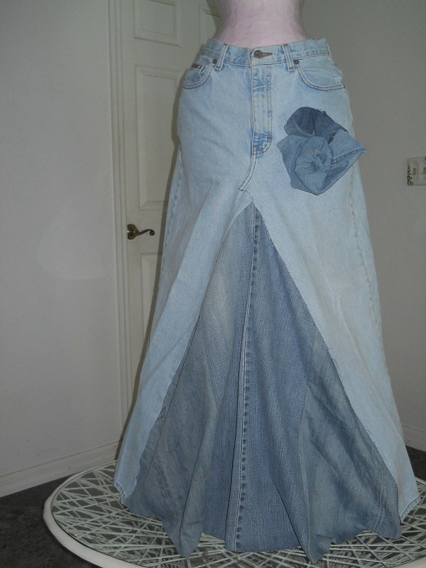 Belle Bohémienne bohemian ballroom jean skirt  Renaissance Denim Couture fairy goddess mermaid altered couture with HUGE rose pin