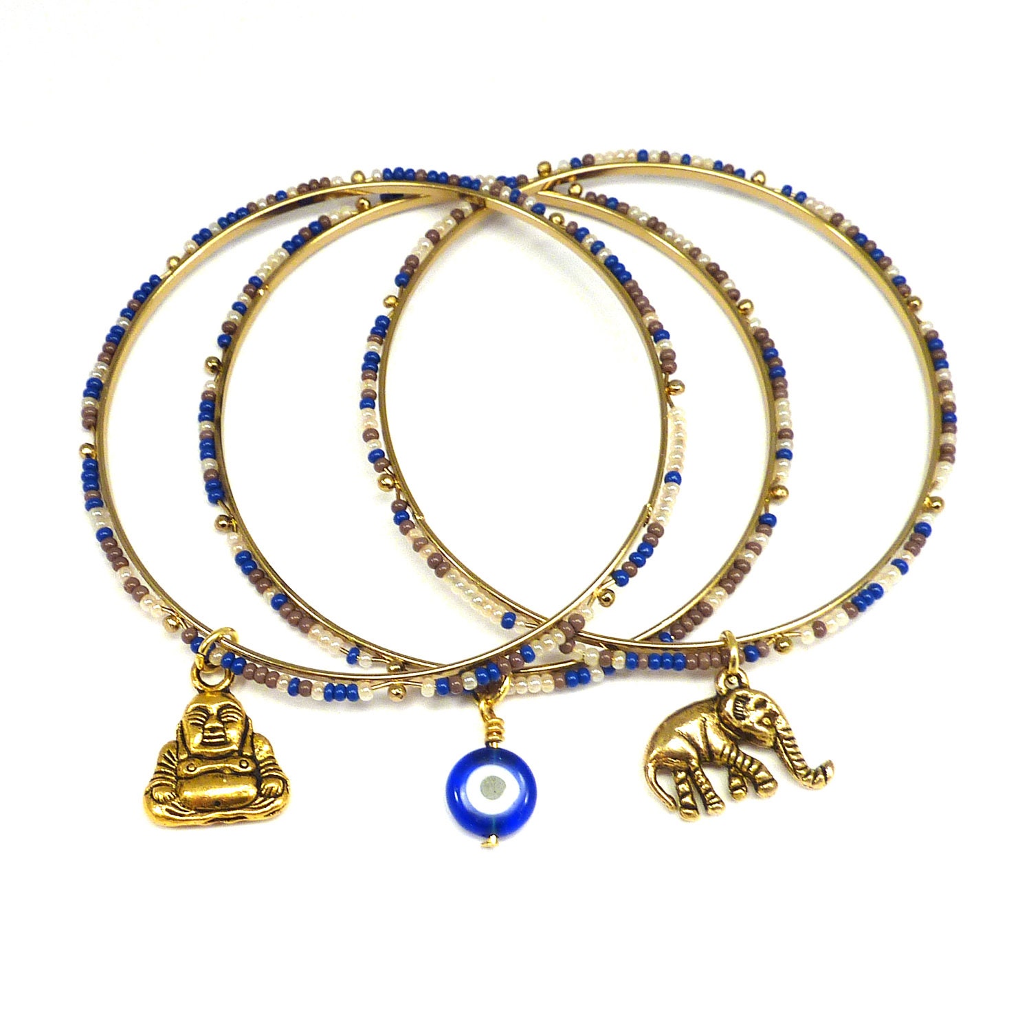 Beaded Bangle Set with  Evil Eye,Buddha and Elephant  Charms, yoga jewelry, boho chic jewelry