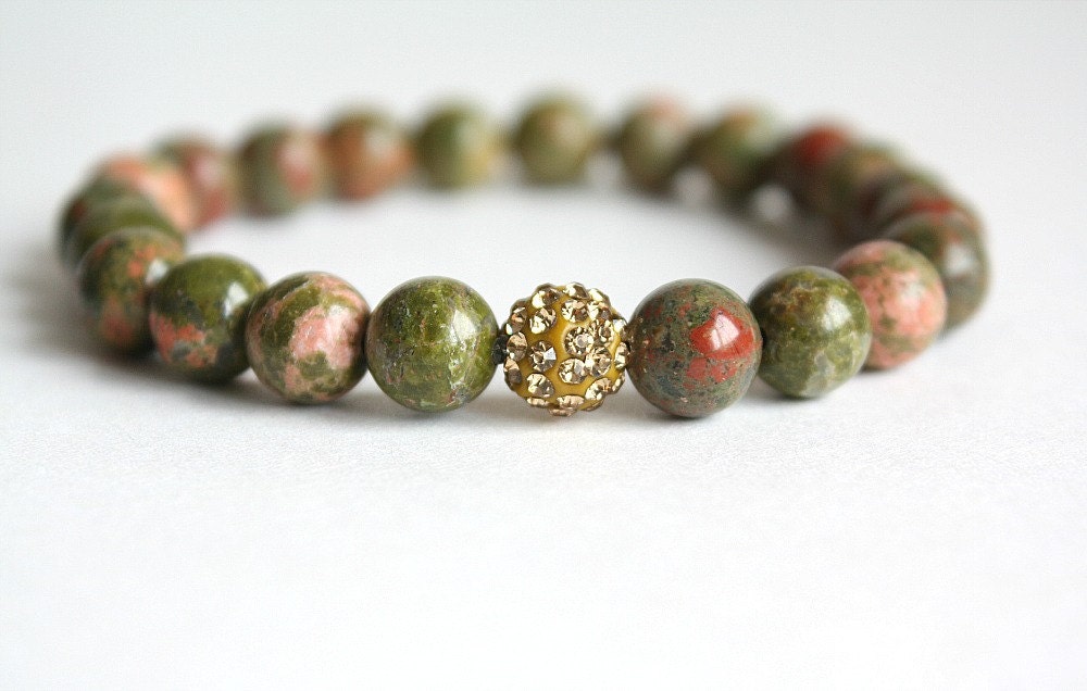 Unakite Stone Stacking Bracelet with Gold Pavé Crystal Bead Green Stretch Bracelet Bohemian Jewelry