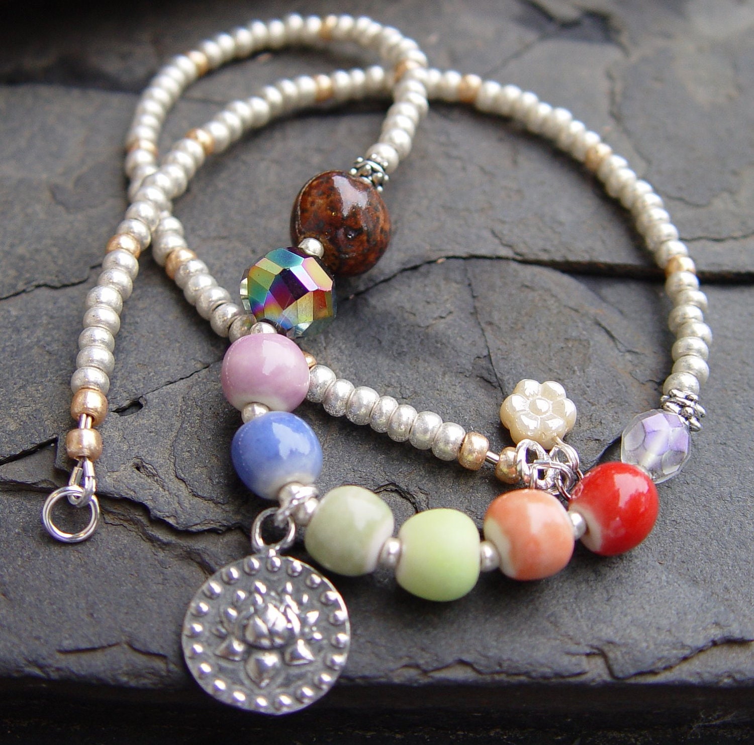 Meditation II -- Om Chakra Stoneware Beads Pewter Lotus Om Charm Handmade Necklace Yoga Moon