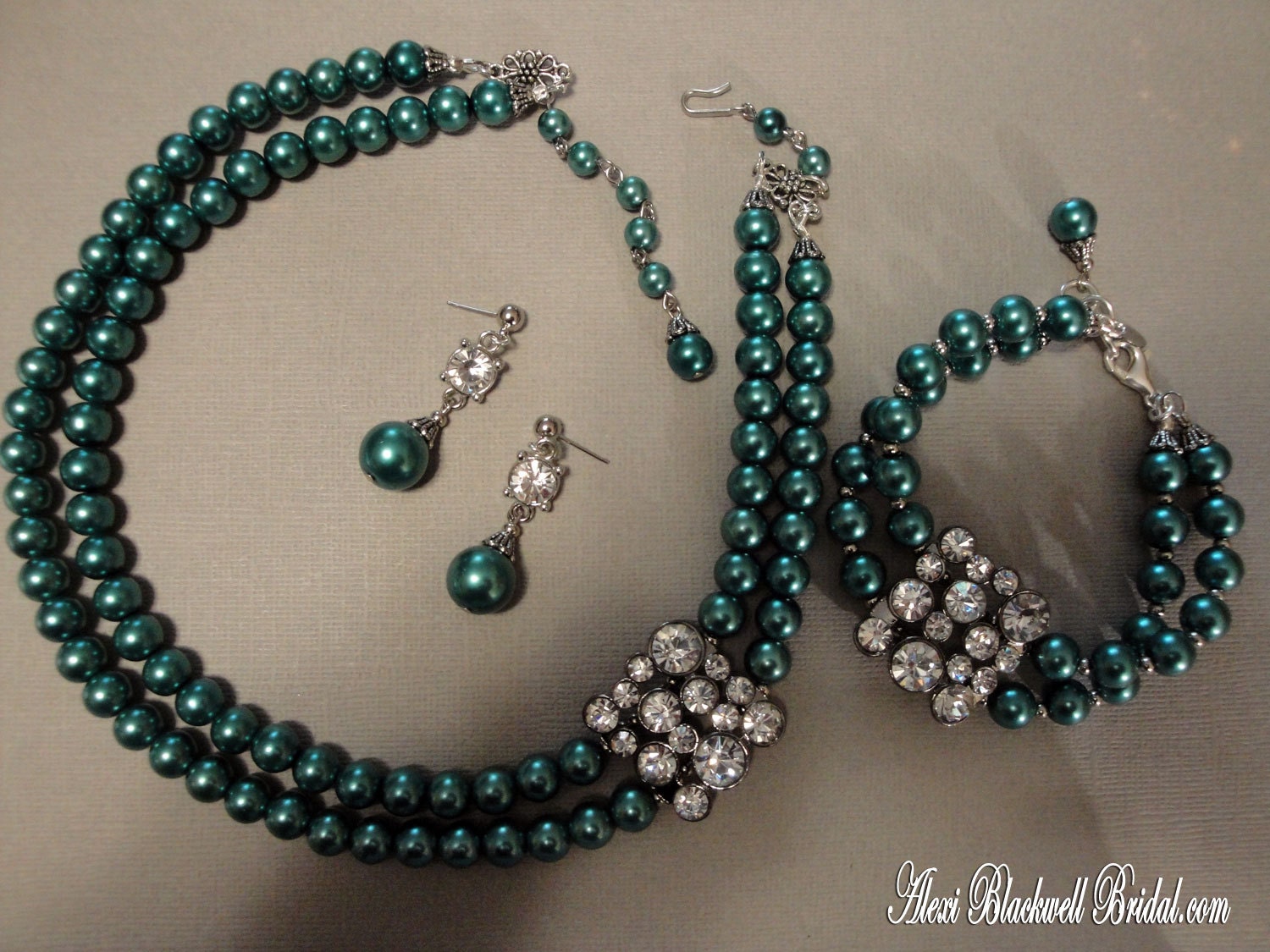 Bridesmaid Jewelry Set Necklace Bracelet Earrings in Peacock Teal Blue Green Lilac Purple Pink Rhinestone focal bridal wedding jewelry sets