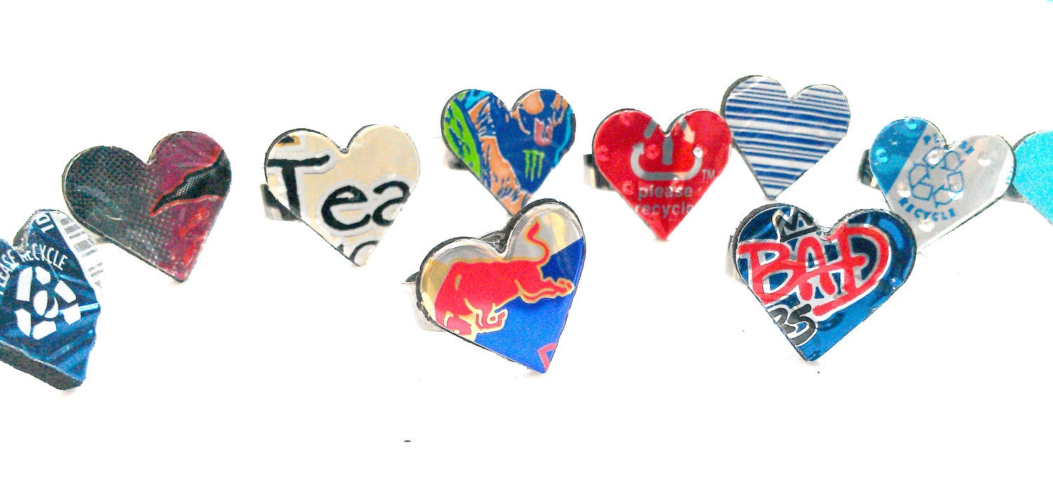 Recycled Soda Can Jewelry Heart Rings Women Jewelry Women Gift Aluminum Can Upcycled Coca Cola Peace Tea Red Bull Arizona Tea n More - R20