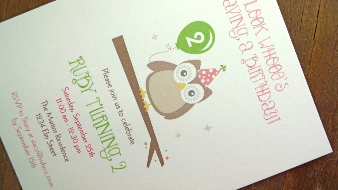 Owl Birthday Party Invitation, First Birthday Party Invitation, Green and Pink