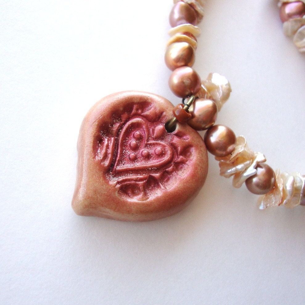 Jewelry Necklace Rose Colored Heart Pendant Coppery Pearls Keshi Accents