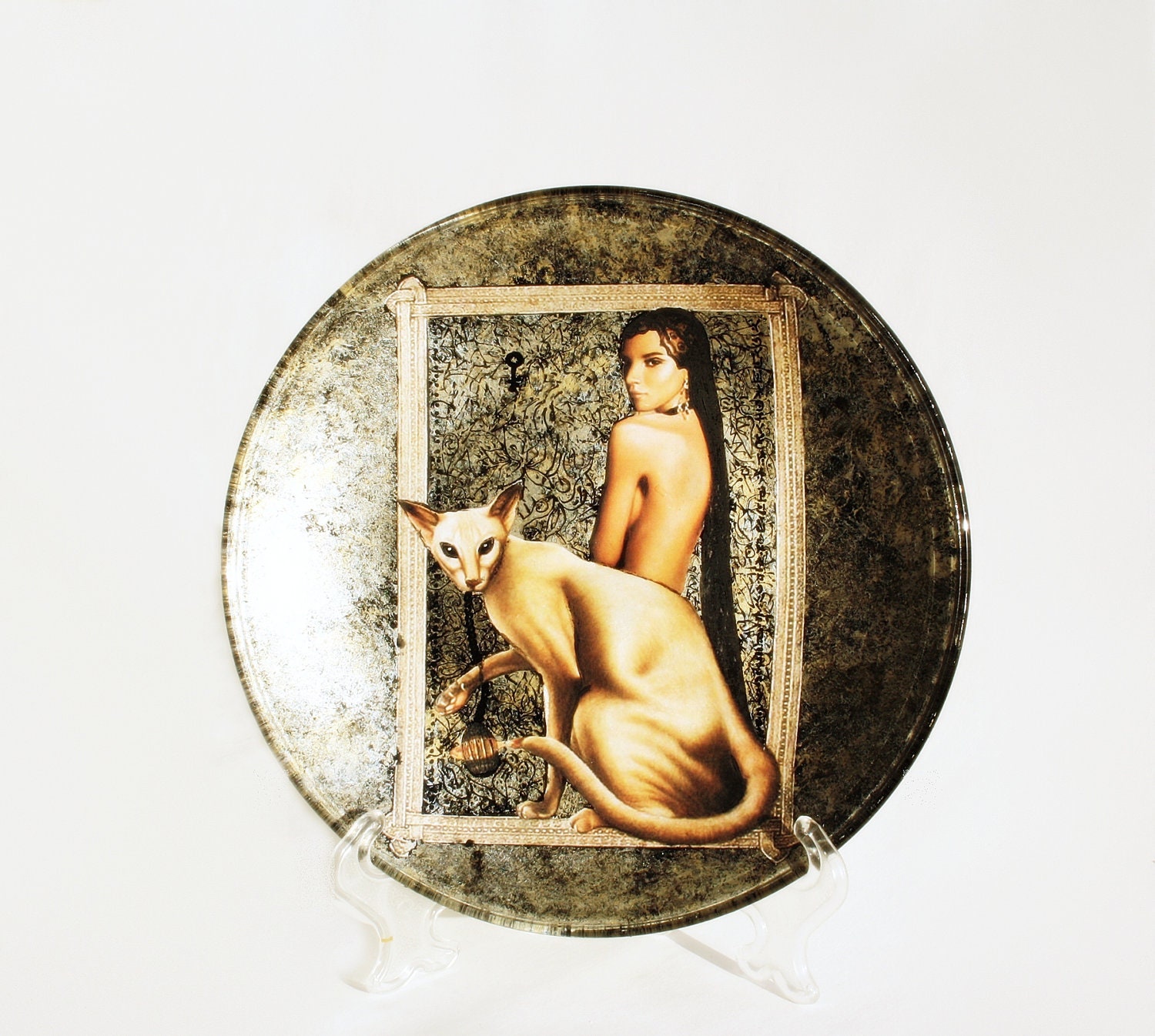 Decorative Plate Hand Painted and decorated Egypt (Decoupage Under Glass )
