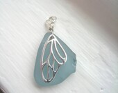 Butterfly Wing and Seaglass Necklace. Genuine Sea glass. Sterling Butterfly Wing