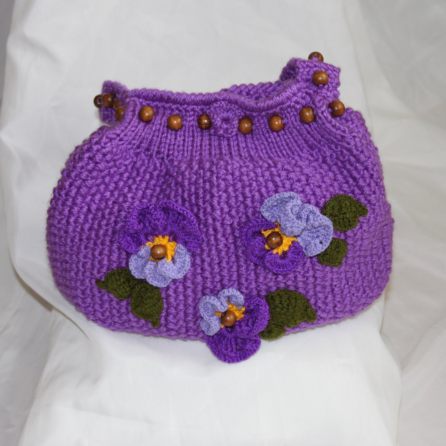 SALE Christams gift Hand knitted purple bag pansy flowers, crochet flowers, handbag, tote, shoulder bag, handmade clutch, beaded purse