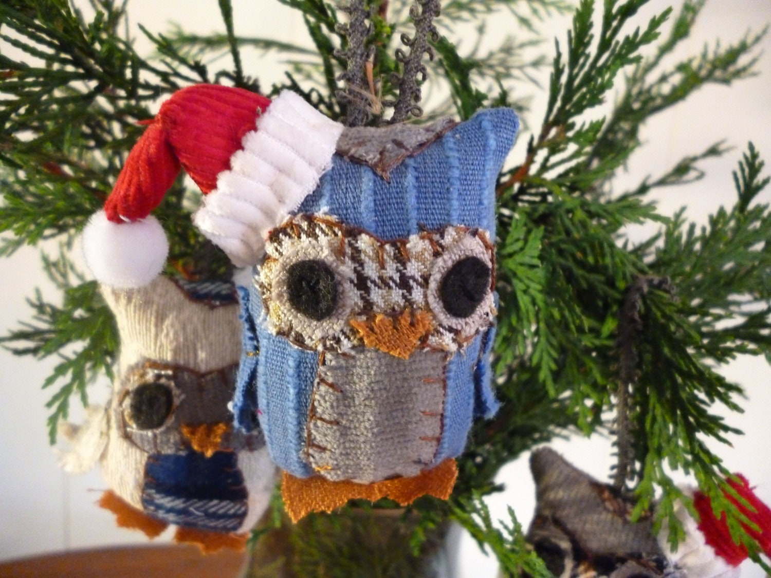Assorted Owl Christmas Ornaments - 3 Inch Tall Plush Owl Ornament Made From Re-Purposed and Salvaged Fabrics - KayshaK