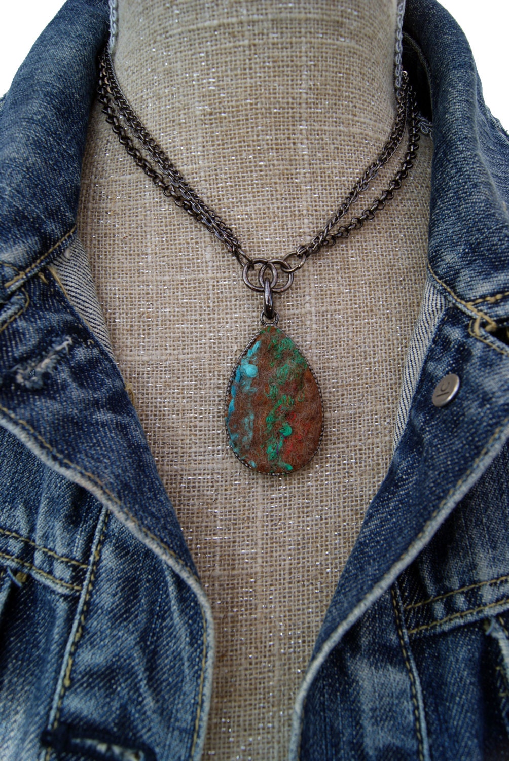 Elena's Felted Jewelry - Multicolour Blue Green Red Brown Drop Shaped Pendant