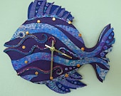 Dive Time Clock or Wall Art Sculpture in Purple, Blue and Violet Crazy Stripe Polymer Clay