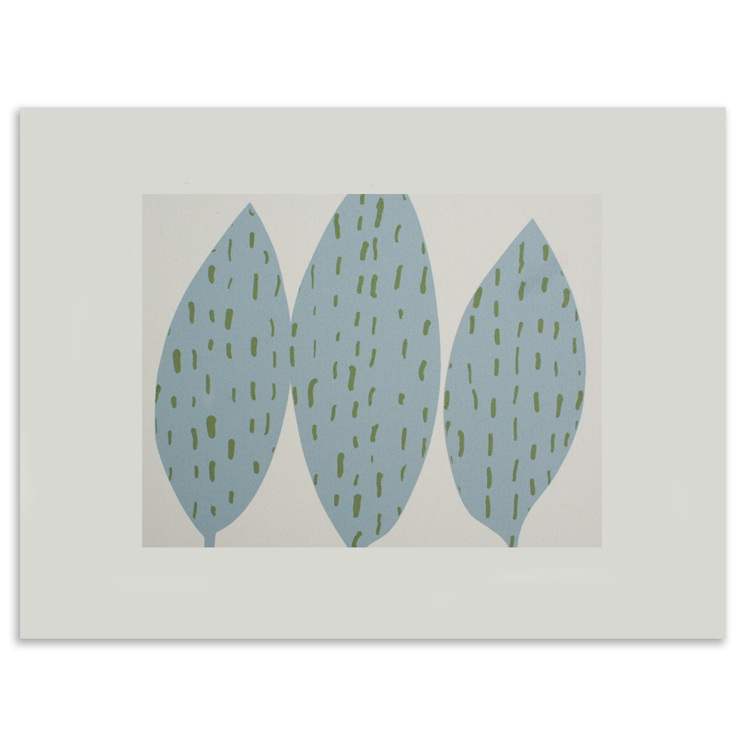 Blue Trees, a small original handmade abstract screenprint in a pretty blue, green and cream