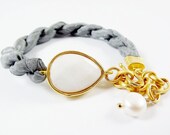 White Jade Bracelet & Titanium Grey  Silk Turkish - Teardrop Gold Plated - Fall Fashion
