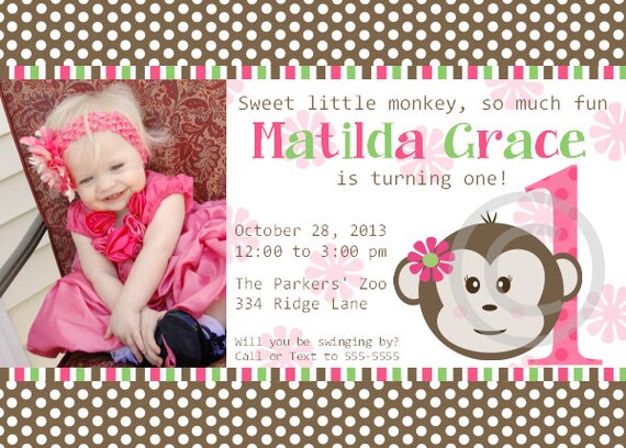 Pink Mod Monkey Printable Photo Invite for Birthday Party or Baby Shower DIY Invitation by BeeAndDaisy Il_570xn