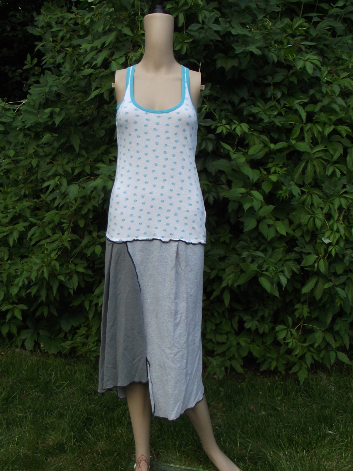 Rrecycled Tshirt Dress tank top Small Medium Skull Cow Bell Blue Gray Summer Boho Upcycled Clothing tshirt Gypsy Asymmetrical Handmade Women