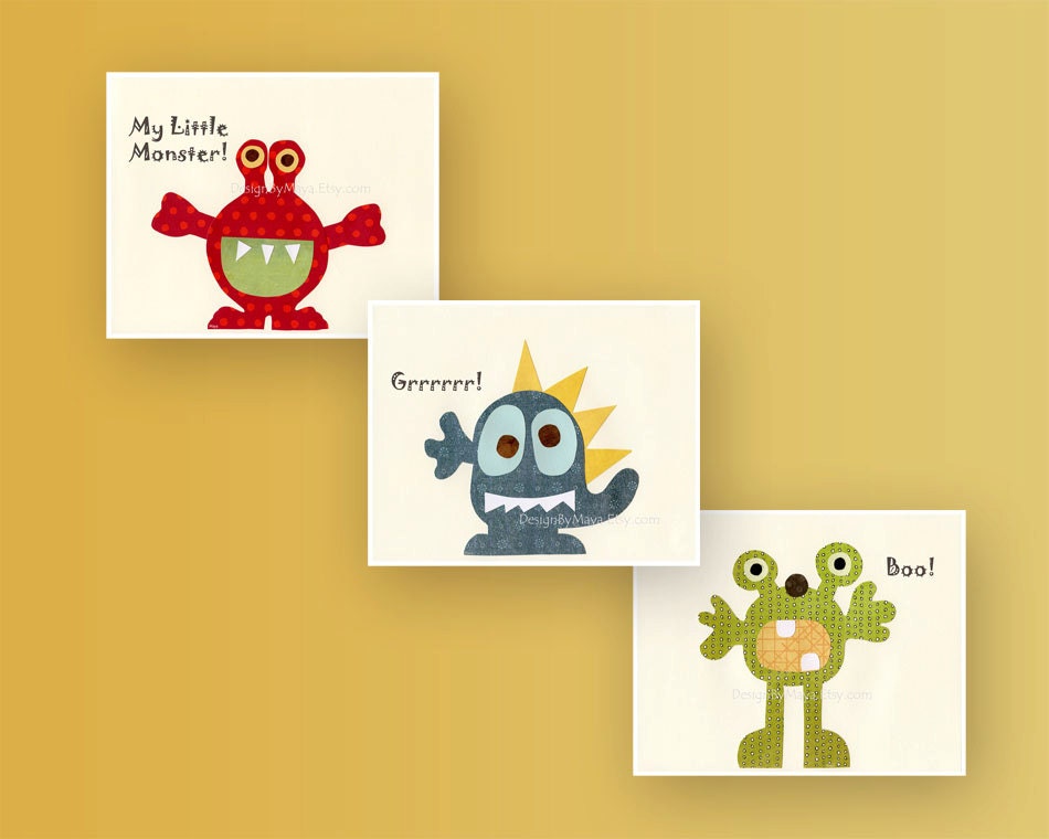 Baby room wall art, Nursery Art Decor, Kids Print, monsters, set of 3 8x10 prints, blue, green, yellow, orange and red monsters