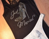 Just Married Lace Tank Top Shirt and thong set: Bride crystal rhinestone wedding shoe bling razor back Shirt  mozTREND