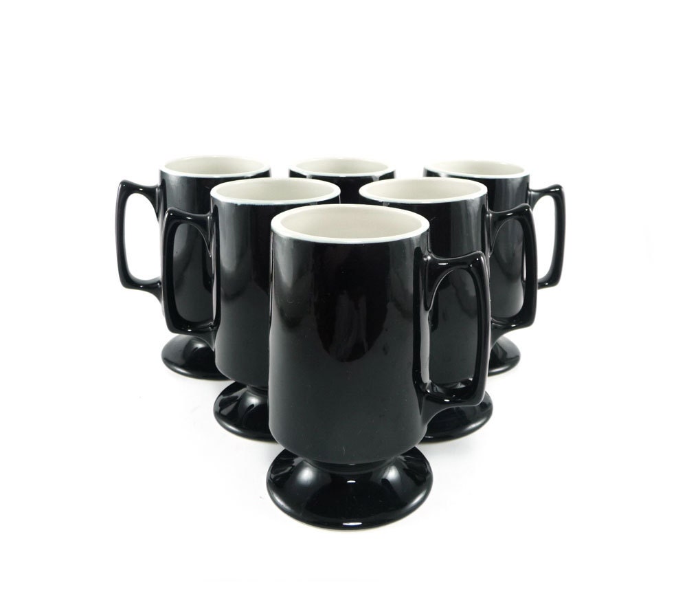 Pair of Black Hall coffee mugs, footed, pedestal, 10oz
