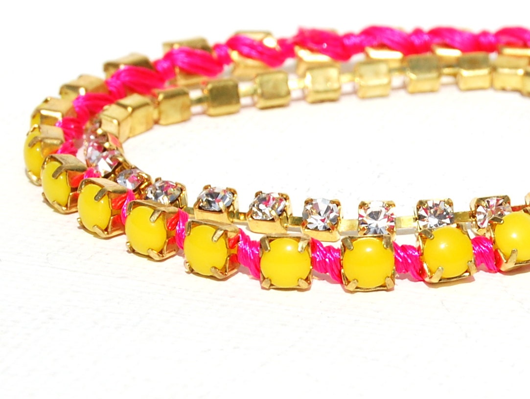 Hot Pink and Yellow Rhinestone Bracelet with Dazzling Authentic Austrian Crystal Rhinestone Chain