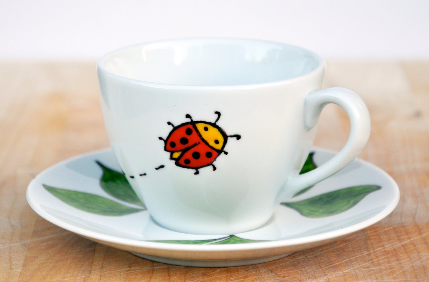 Ladybug Coffee Cup and Saucer Set - Made to Order - Personalized kid mug - Personalized Child's cup - Hand Painted porcelain