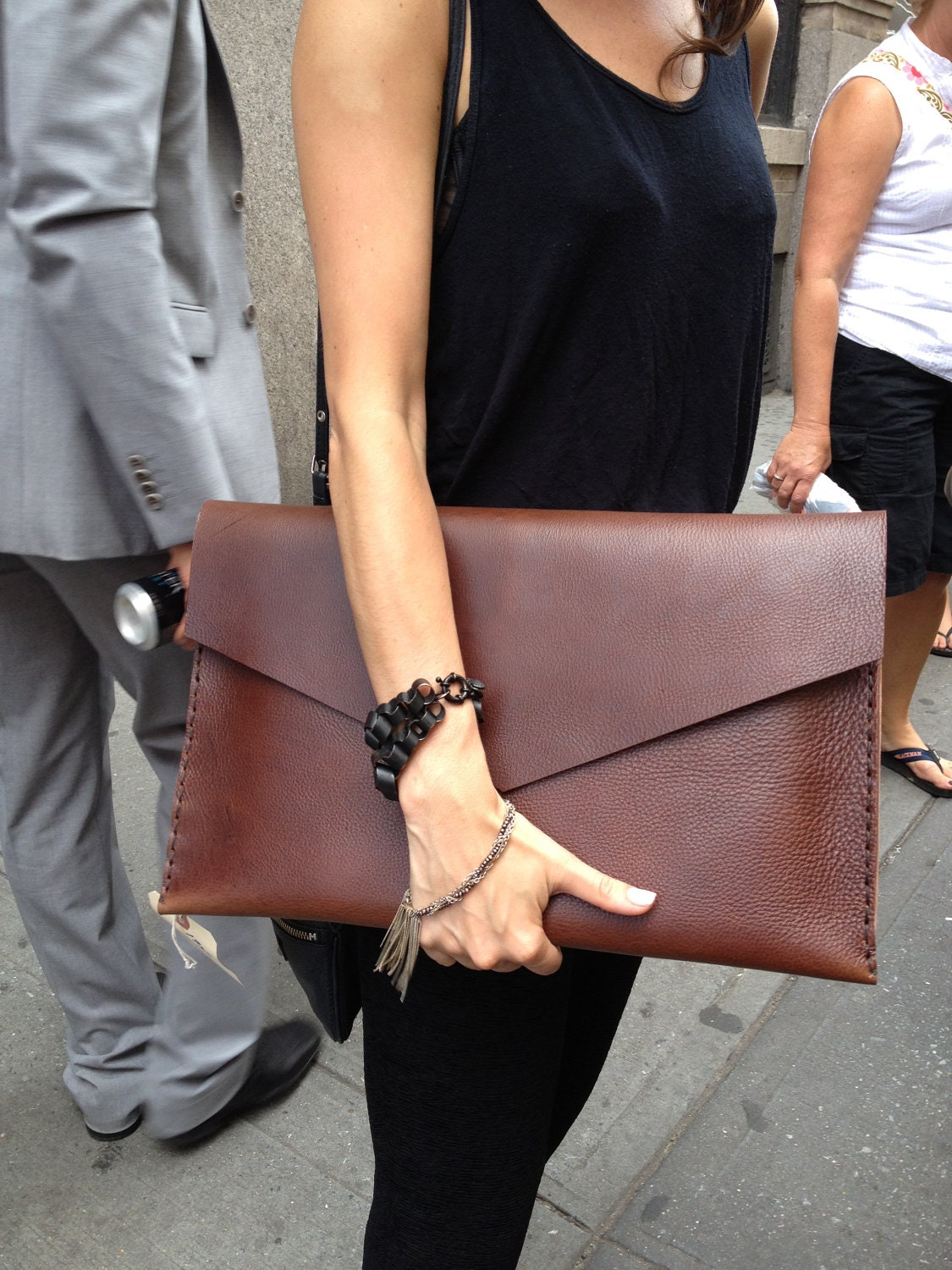 Large leather clutch in chestnut brown - Hand stitched leather