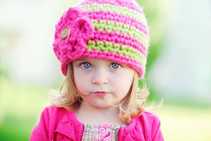 Toddler Girl Striped Crochet Hat in Bubblegum Pink and Lime Green Size