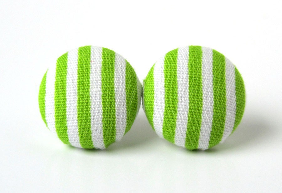 Green button earrings studs spring white stripes simple bright post