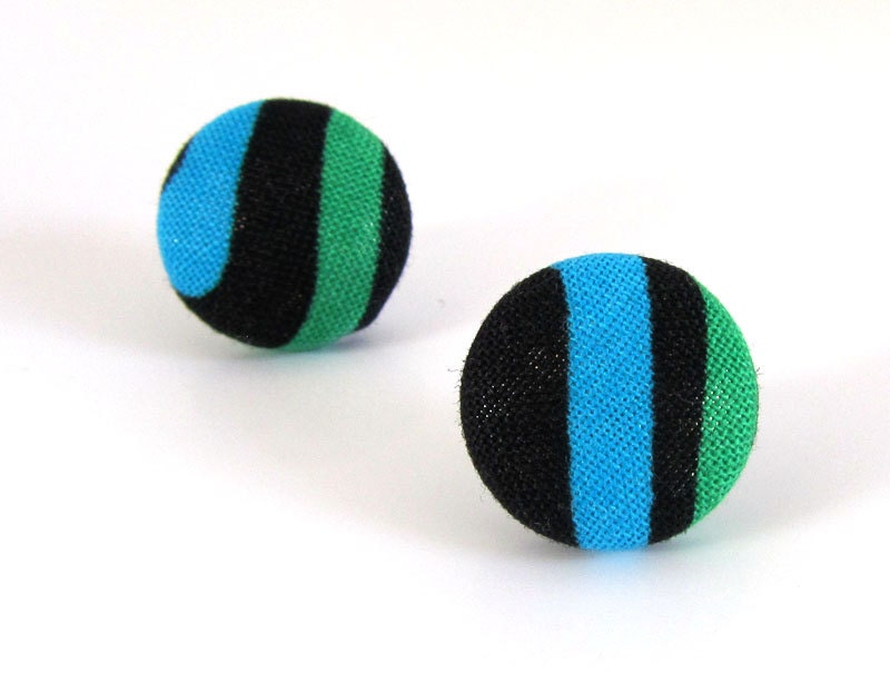 Dark green bright blue black button earrings studs fabric posts