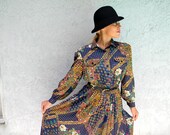 Vintage Secretary Dress - Vintage 80s/90s Shirt Waist Dress w/ Pleated Skirt/Matching Belt/Polka Dot Floral Fabric - Size 9/10 11/12