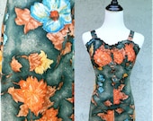 70s Sundress - Vintage 70s Graphic Autumn Flowers Strappy Tube Top Mini Sun Dress w/ ruffles - small/s
