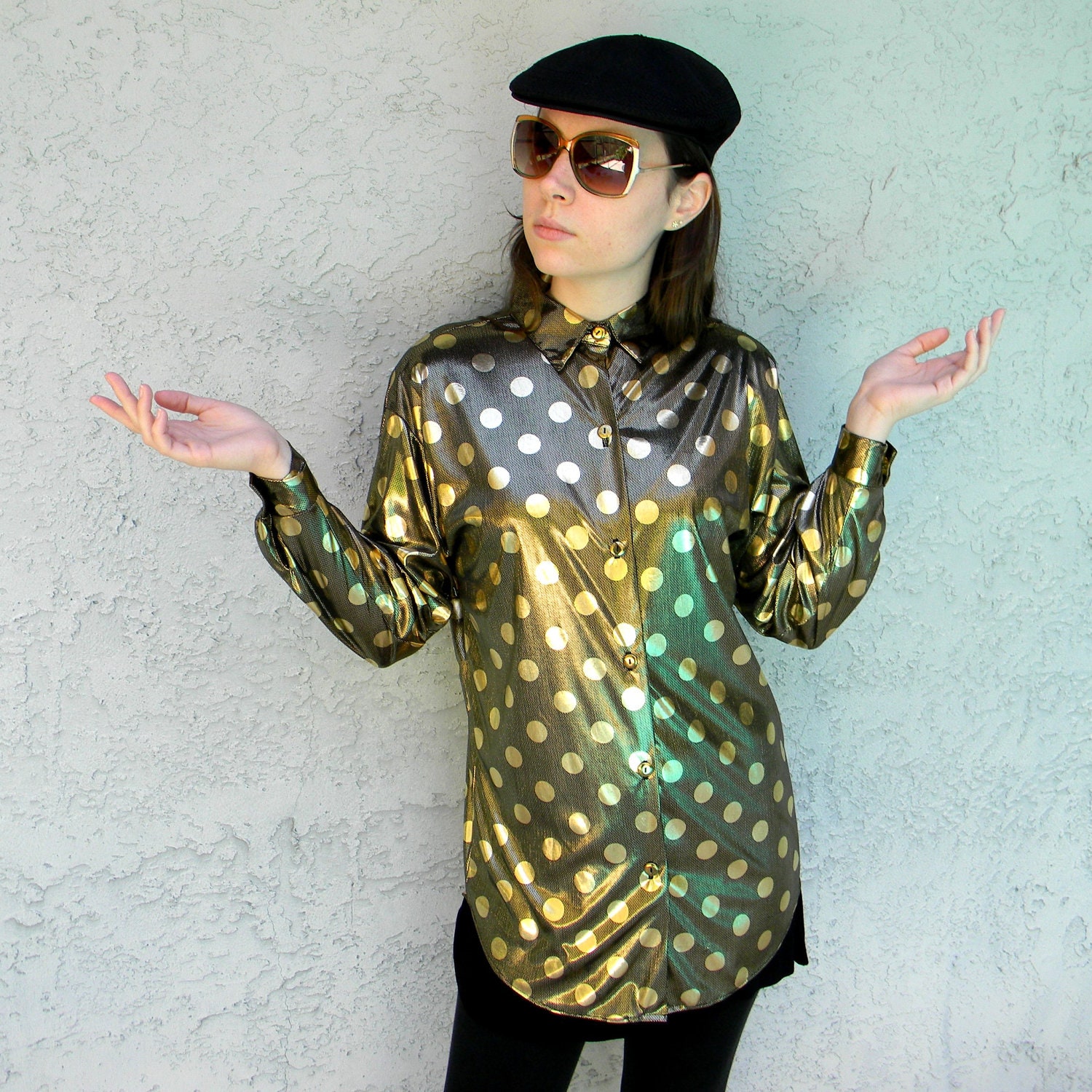 Solid Gold Disco Fever - Vintage 80s Metallic Liquid Gold Lamé Slinky Club Blouse/Shirt/top w/ Polka Dots - BLING - NOS/Unworn/New