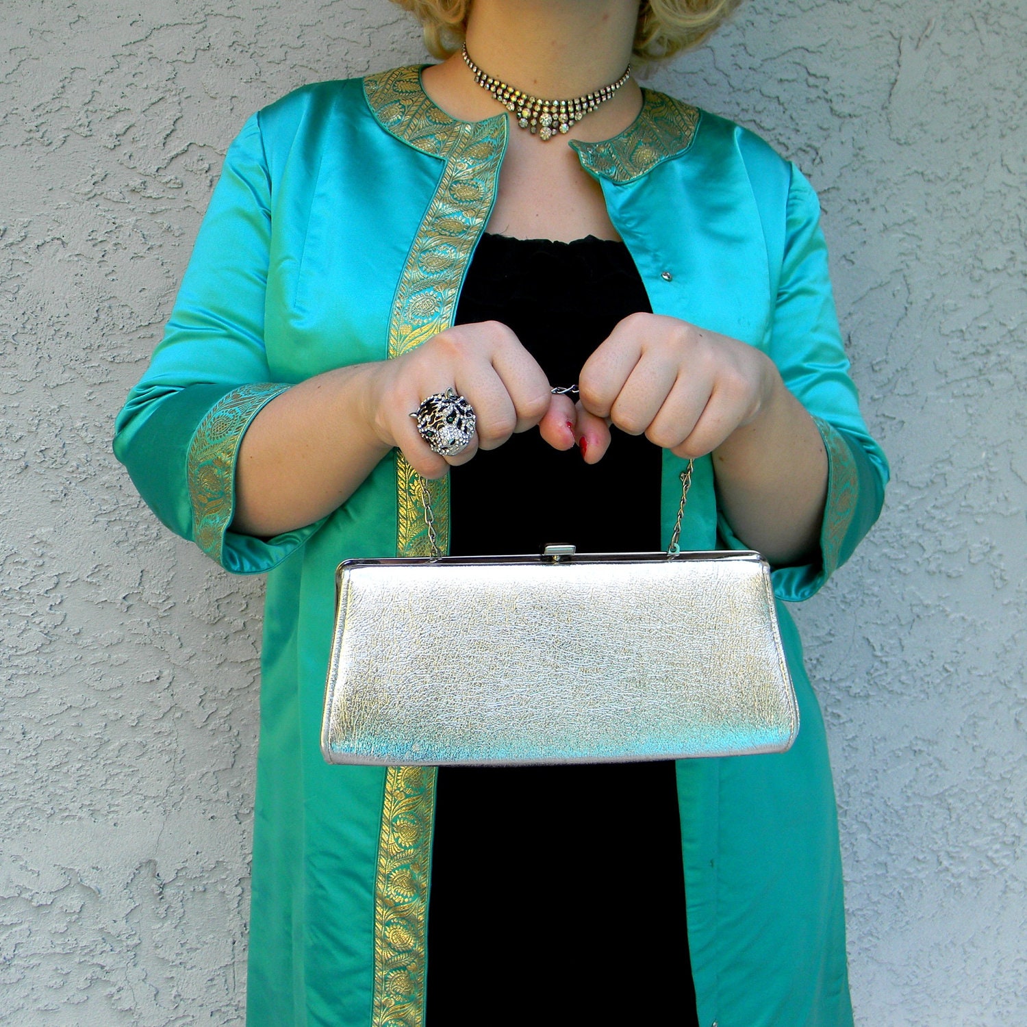 Mid Century Handbag - Vintage 60s Metallic Silver Convertible Purse w Silvertone Chain Handle or Clutch Option - Evening/Prom/Cocktail/Party