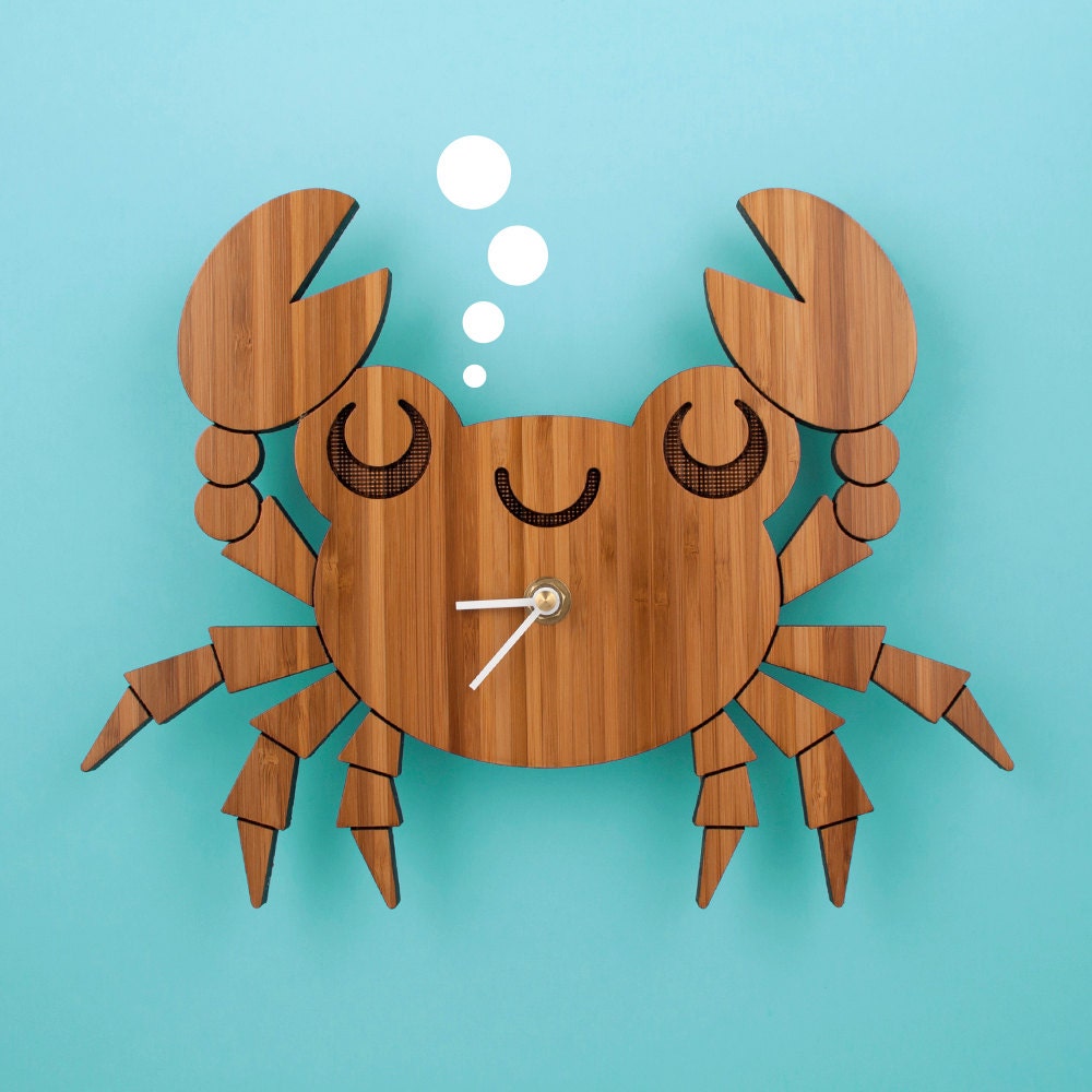 Bamboo Crab Clock: Wooden Kids Wall Clock Ocean Nursery