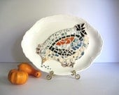 Mosaic Art Autumn Bird Platter, Thanksgiving Quail, Holiday Home