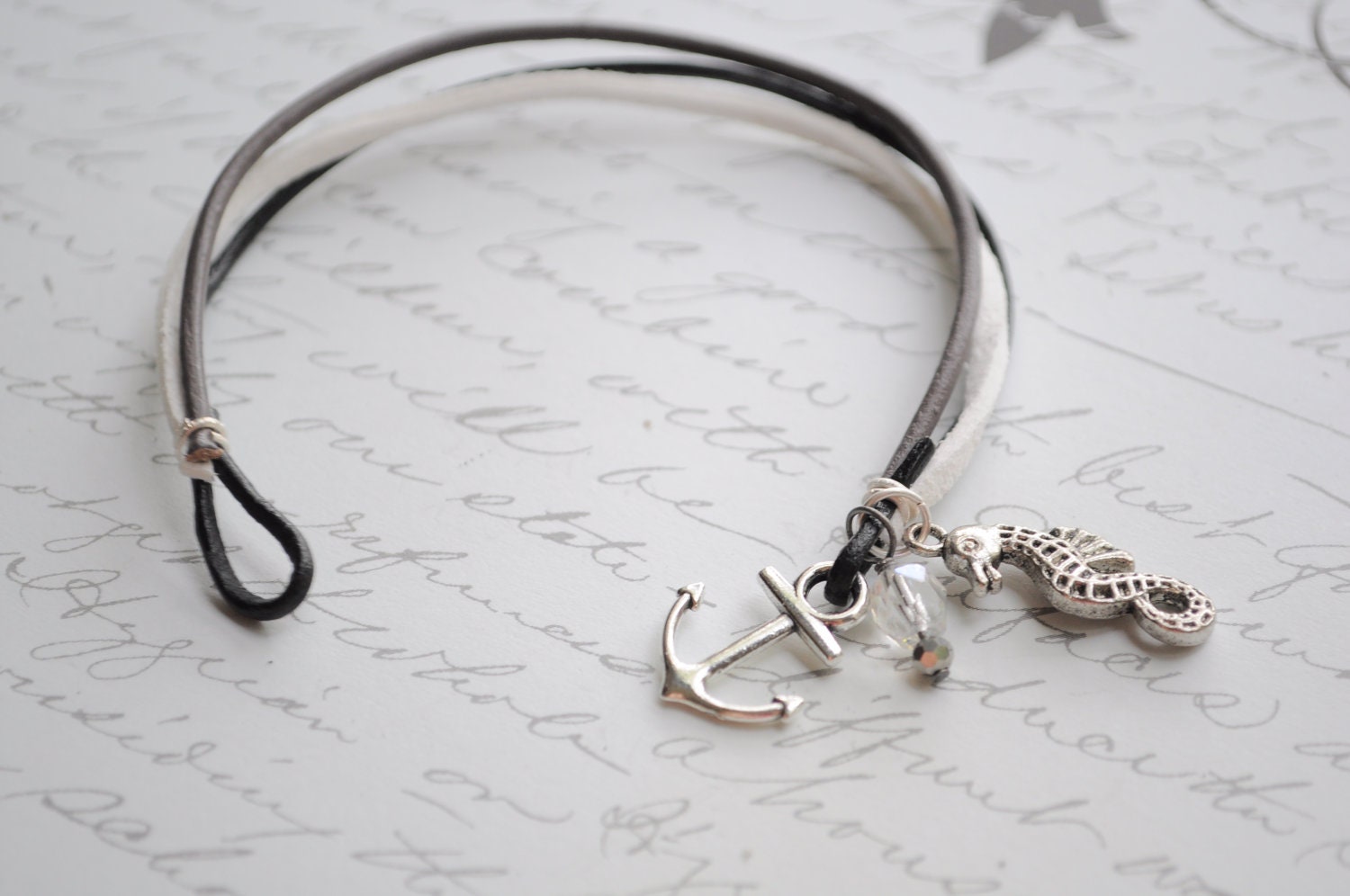 SALE--Summer Bracelet No.56--  Stormy shore- leather cord, anchor clasp and seahorse charm bracelet