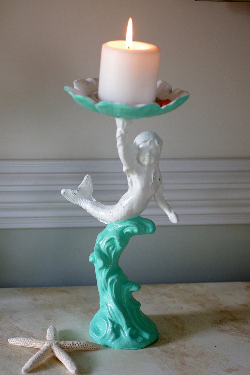 Beach Decor Cast Iron Girl Mermaid Candle Holder - Bird Bath - Bird Feeder - PICK YOUR COLOR(S)