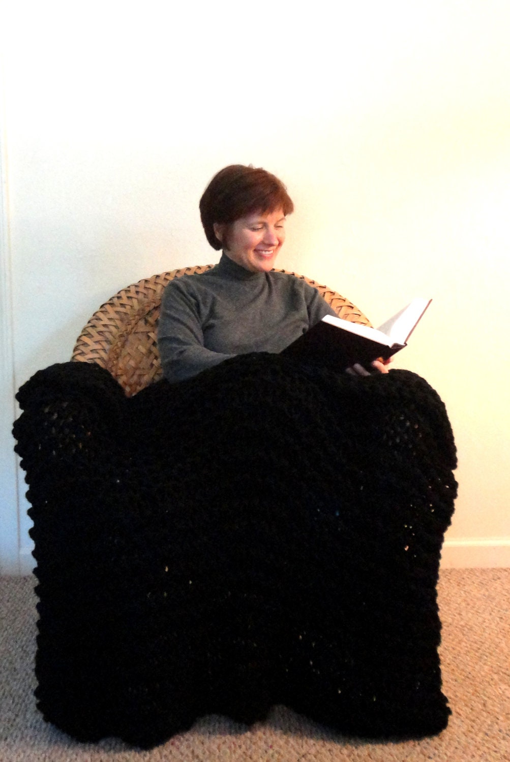 Black Chunky Knit Throw Blanket - Great Housewarming Present or Wedding Gift